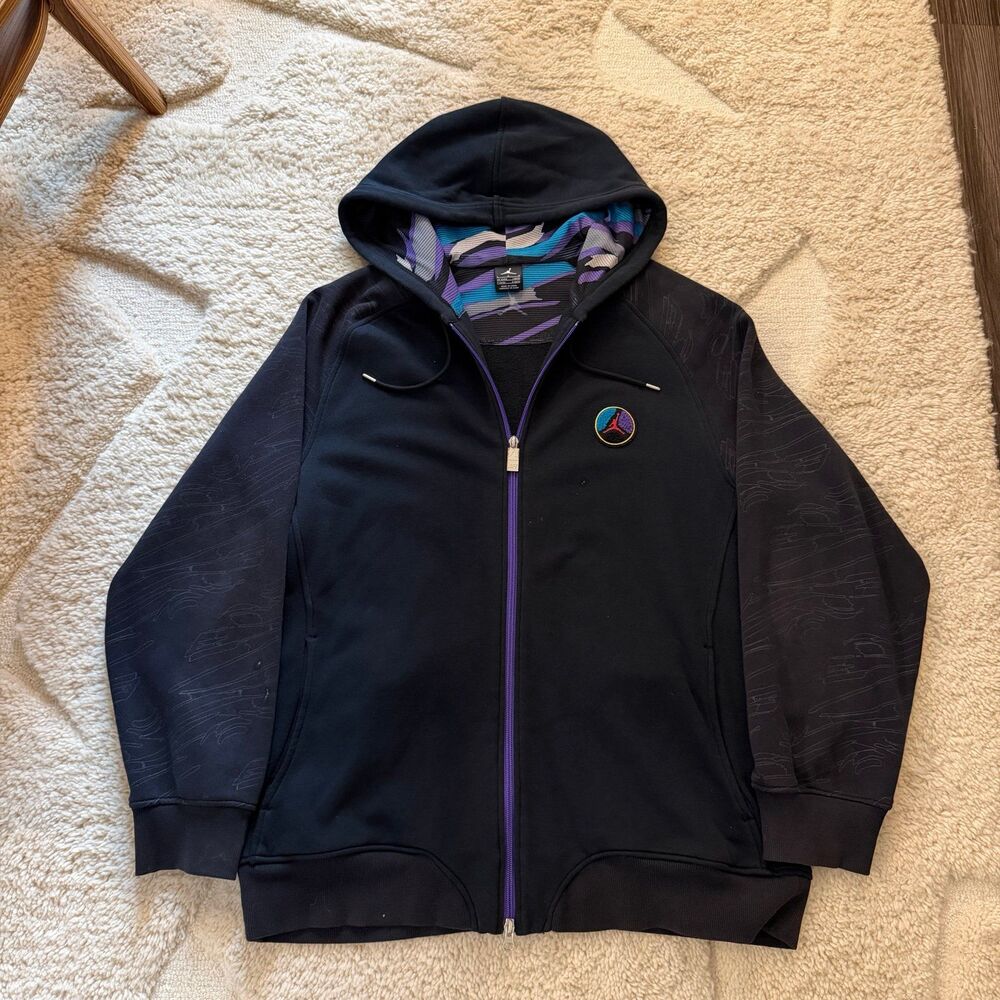 Jordan Retro 8 Aqua Zip Up Hoodie Cyber Y2K Streetwear Patch Black Teal
